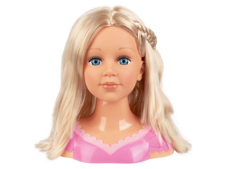 Une tête de poupée blonde avec de longs cheveux, idéale pour jouer au coiffeur.