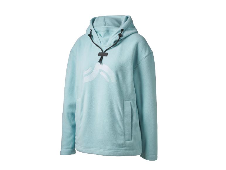 Sweat à capuche en polaire bleu clair avec cordons noirs.