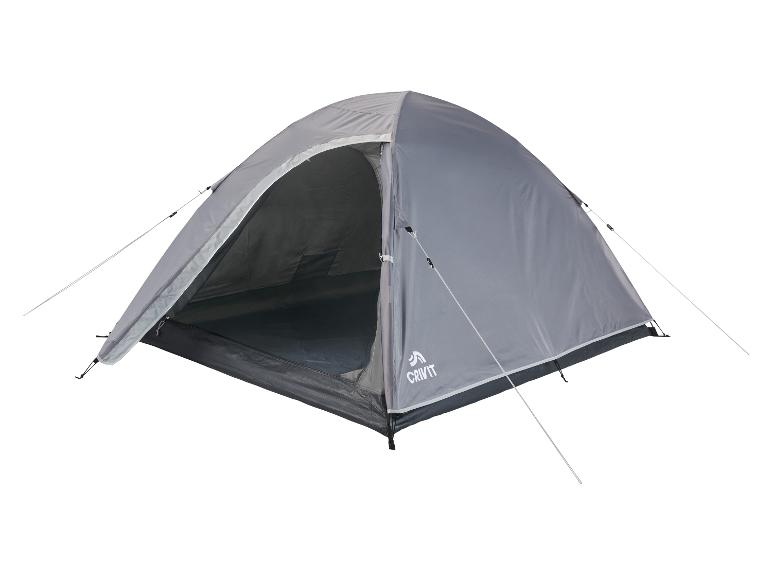 Tente de camping dôme grise Crivit avec entrée ouverte