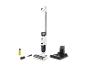 Nettoyeur de sol sans fil blanc avec station de charge, solution de nettoyage et brosse.