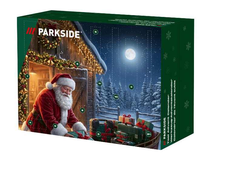 Calendrier de l'Avent d'outils avec le Père Noël emballant des cadeaux.