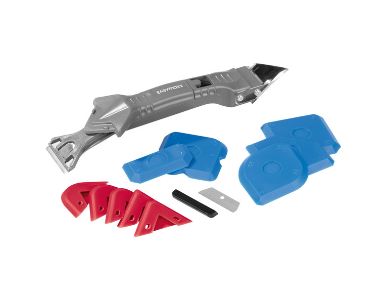 Un ensemble d'outils pour appliquer du mastic, comprenant un couteau à mastic Easymaxx et différentes spatules.