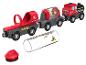 Train jouet en bois avec des wagons rouges et gris, incluant un wagon-citerne et un wagon avec des billes colorées.
