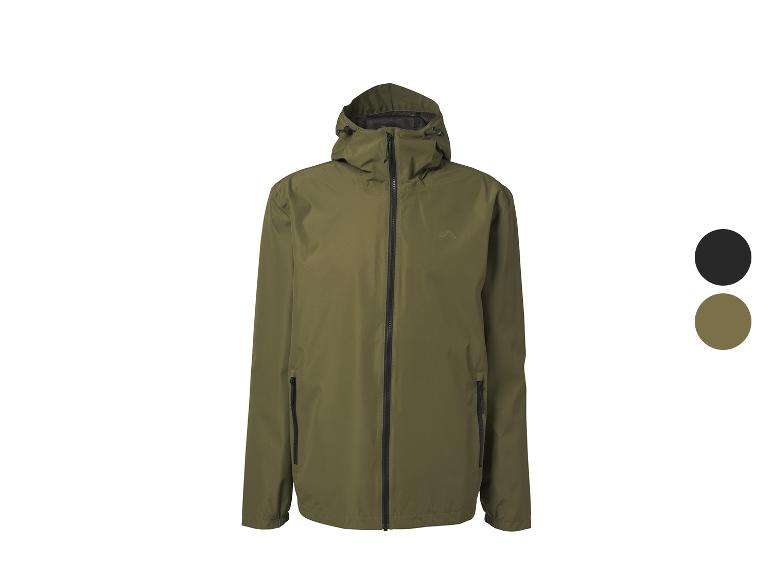 Veste imperméable verte à capuche et fermetures éclair noires, avec deux options de couleur.