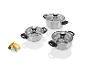 Trois casseroles en acier inoxydable avec des couvercles en verre.