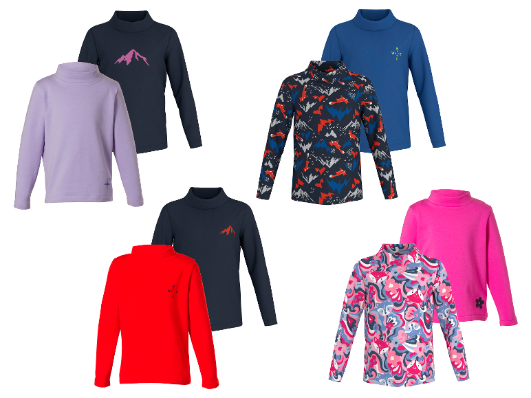 T-shirts à manches longues pour enfants de différentes couleurs et motifs, y compris montagnes et renards.
