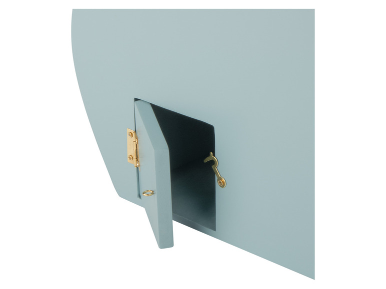 Une boîte en bois bleue avec une porte à charnières.