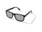 Lunettes de soleil noires avec verres gris sur fond blanc.