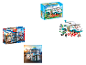 Coffrets de jeu PLAYMOBIL avec un commissariat de police et un camping-car avec figurines.