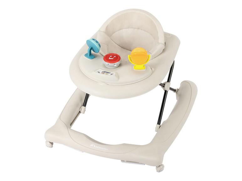 Trotteur pour bébé BEBECONFORT Explorer en beige avec jouets.