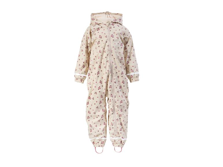 Combinaison de pluie florale beige pour enfants avec capuche et imprimé de fleurs roses.