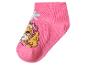 Chaussette rose pour enfant avec motif de chiot et fleur bleue.