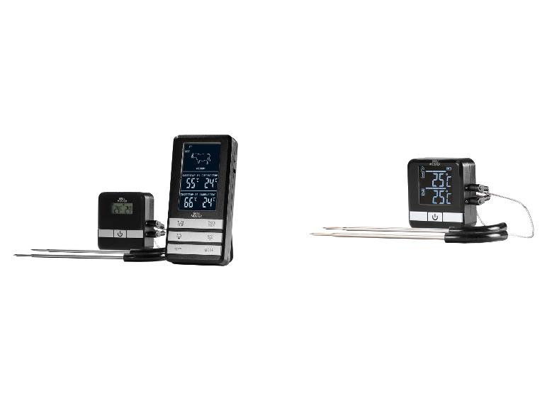 Deux thermomètres à viande numériques Grill Meister avec sondes, l'un affichant les réglages pour le bœuf.