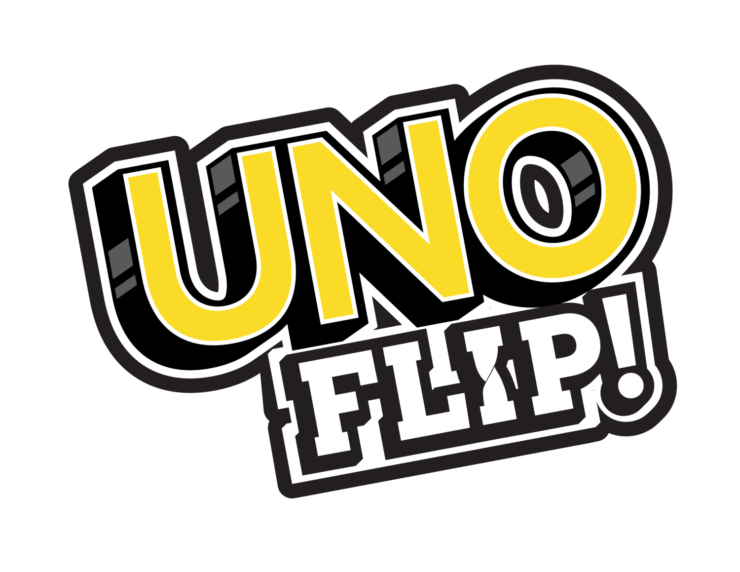 Logo avec le texte 'UNO FLIP!' en jaune et blanc sur fond noir.