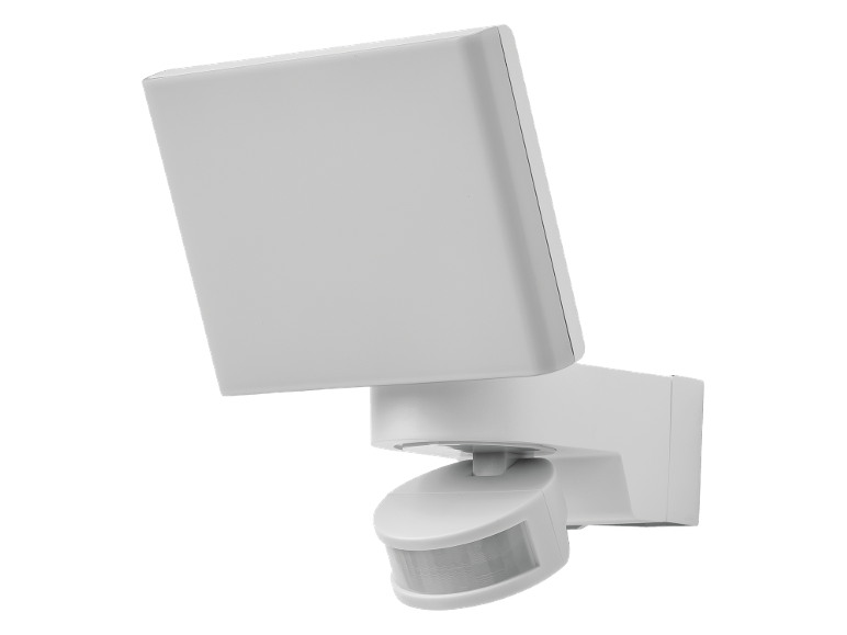 Projecteur LED extérieur blanc avec détecteur de mouvement.
