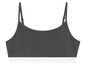 Un soutien-gorge de sport gris avec une bande blanche.