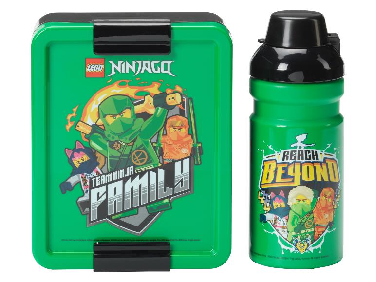 Boîte à lunch et gourde LEGO Ninjago vert : personnages Ninja et thème Reach Beyond.