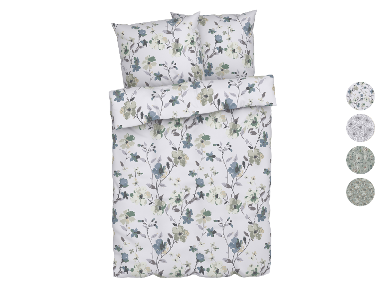 Parure de lit florale dans des tons gris-verts.