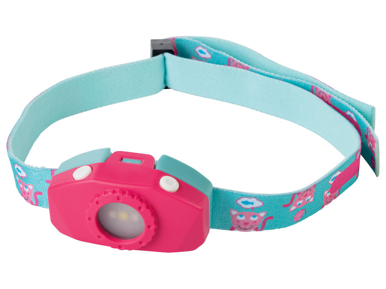 Une lampe frontale rose à motif de chats.