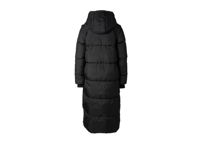 Doudoune longue noire avec capuche et inscription 'JETTESSPO' au dos.