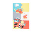 Un tapis pour enfants avec un camion de pompiers, un hélicoptère et un pompier.