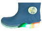 Bottes de pluie bleues avec des semelles lumineuses et un motif de skateboard.