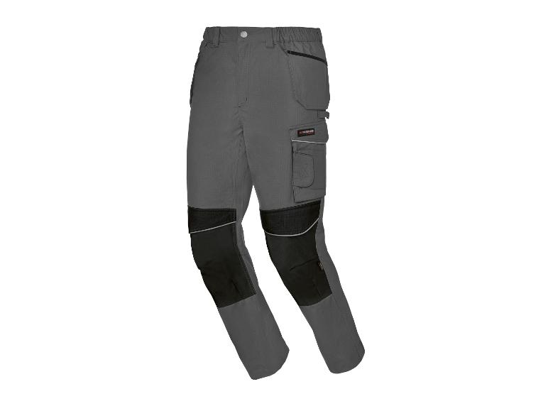 Pantalon de travail gris avec renforts noirs aux genoux et poches latérales.