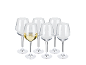 Six verres à vin, un rempli de vin blanc, sur fond noir.