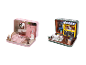 Deux kits de maisons de poupées miniatures dans des boîtes métalliques : une chambre rose et un café vert.