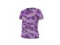 T-shirt de sport à manches courtes avec motif camouflage violet et rayures.
