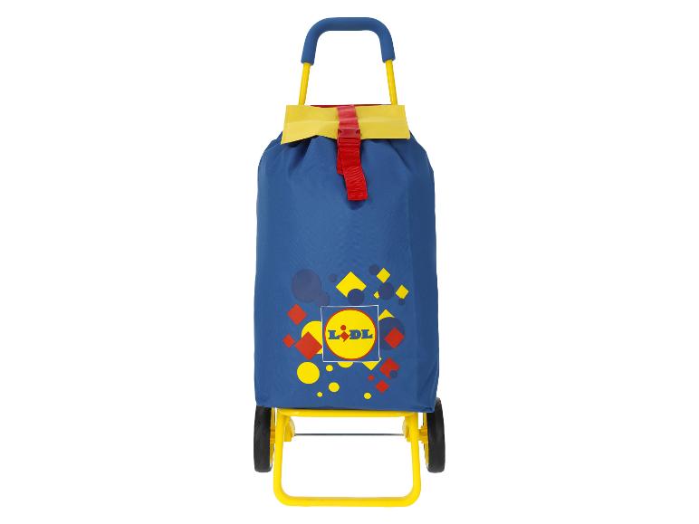 Chariot de courses bleu avec cadre jaune et motifs géométriques colorés.