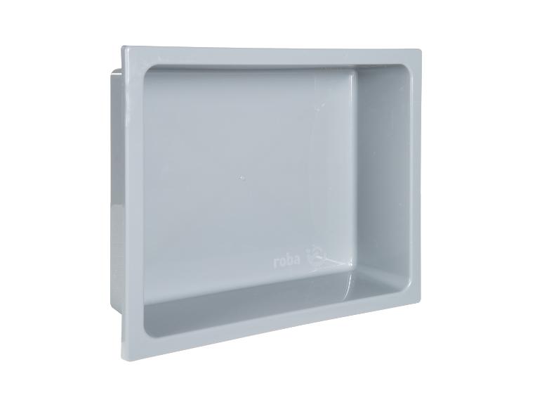 Boîte de rangement rectangulaire en plastique gris clair avec logo 'roba'