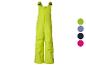 Salopette de ski jaune fluo pour enfant avec bretelles réglables et fermeture éclair, avec des échantillons de couleur.