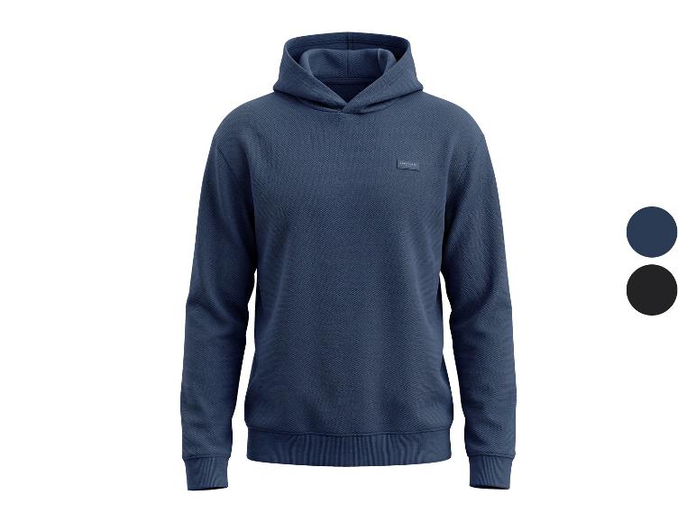 Sweat à capuche homme bleu marine, avec petit logo sur la poitrine et deux options de couleur.