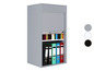 Armoire métallique grise avec porte à enrouleur, remplie de classeurs et de livres.