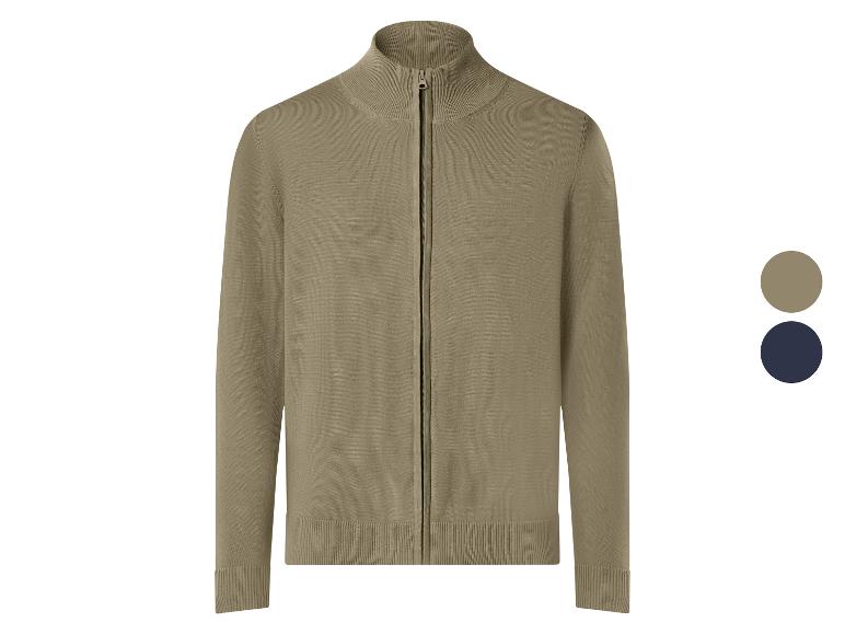 Veste zippée en maille kaki avec options de couleur marron et bleu marine.