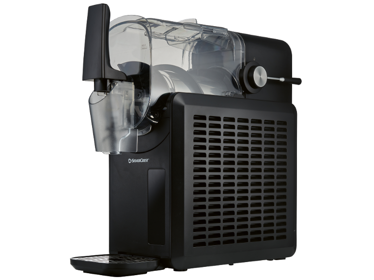 Machine noire à glace ou boissons glacées avec réservoir transparent.