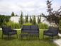 Ensemble salon noir avec deux fauteuils, un canapé et deux tables dans un jardin.