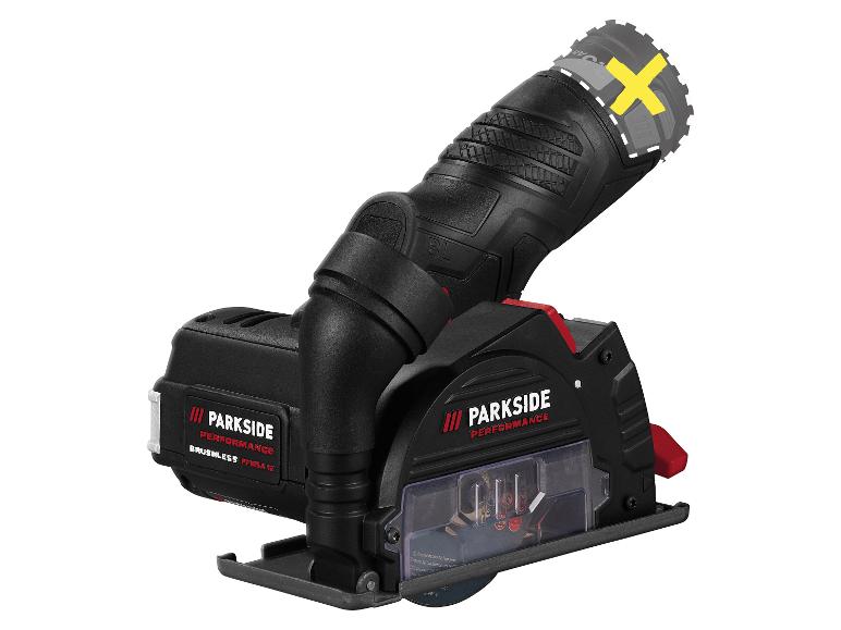 Une scie circulaire sans fil Parkside Performance noire et rouge avec batterie.