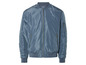 Une veste bomber bleue avec fermeture éclair.