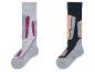 Deux paires de chaussettes de ski en gris et noir avec des accents roses.