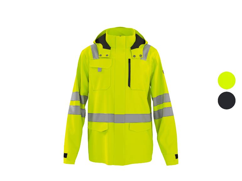 Veste jaune haute visibilité avec bandes réfléchissantes et options de couleur.