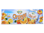 Boisson au jus d'orange avec 14 sachets, représentant des oranges et des citrons dans des éclaboussures d'eau.