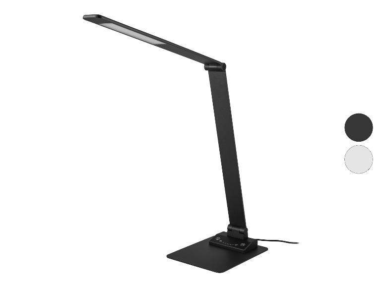 Lampe de bureau LED noire réglable avec base carrée et panneau de commande tactile.