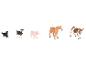 Cinq figurines d'animaux de la ferme : chien, chèvre, cochon, cheval et vache.
