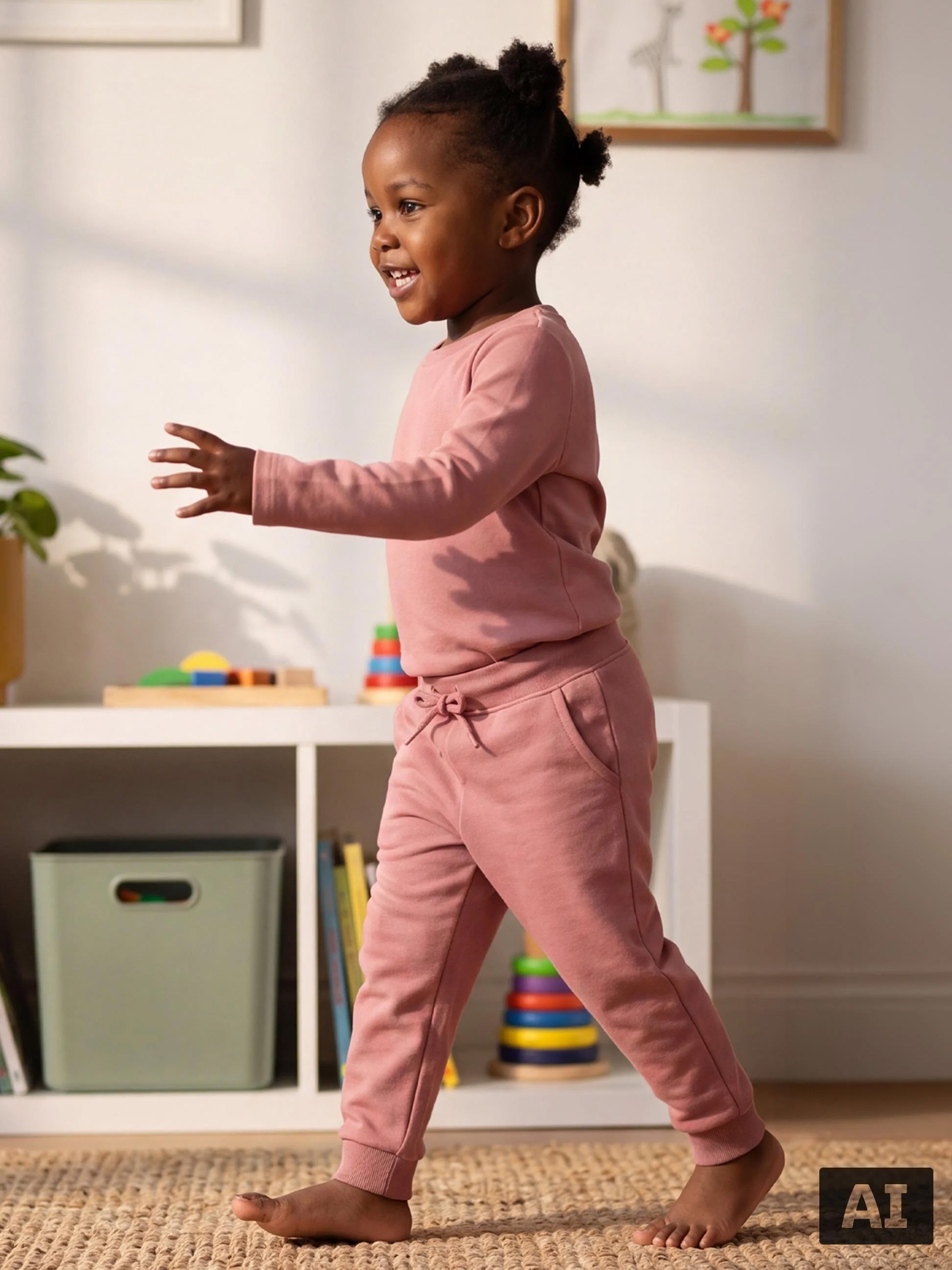 Un tout-petit en sweat-shirt et jogging roses marche dans une salle de jeux.
