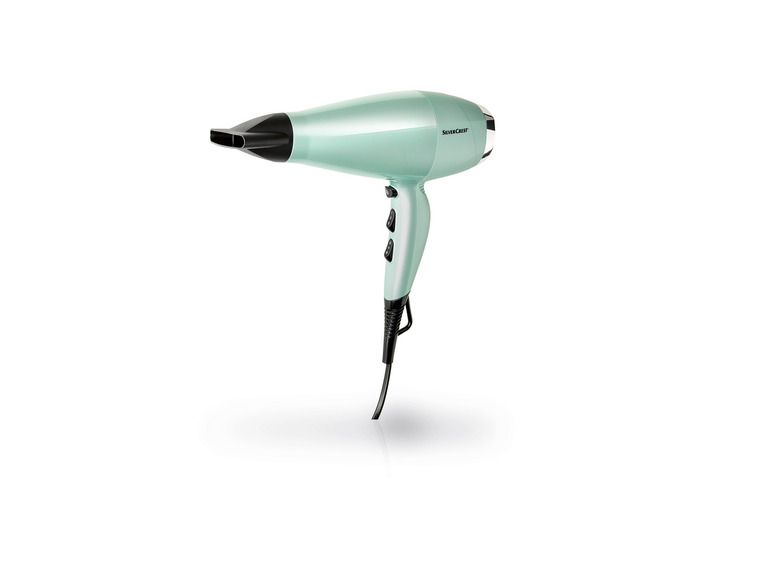 Un sèche-cheveux SilverCrest de couleur vert menthe avec des accents noirs.