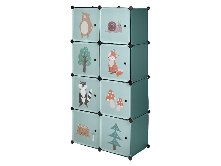 Armoire modulaire pour enfants avec motifs d'animaux et de plantes forestières, vert menthe.