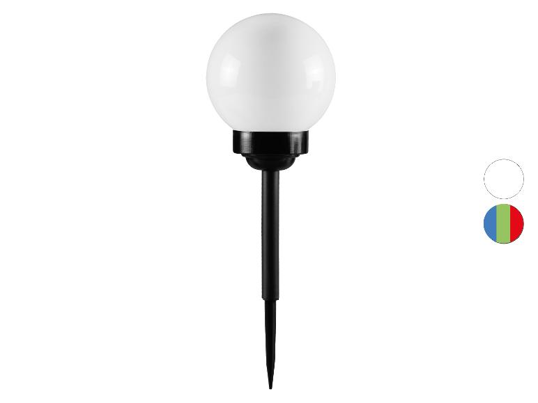 Lampe solaire de jardin avec une sphère blanche et un piquet noir, avec options de couleur.