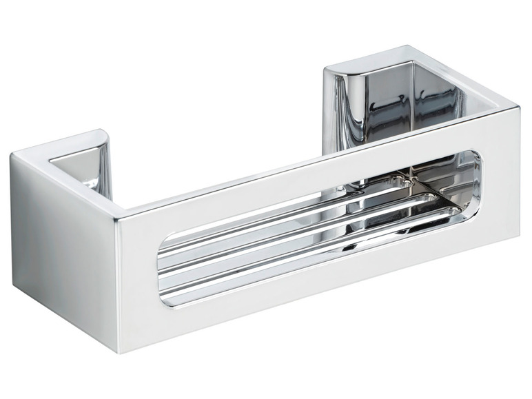 Une étagère de salle de bain chromée avec un design ouvert.